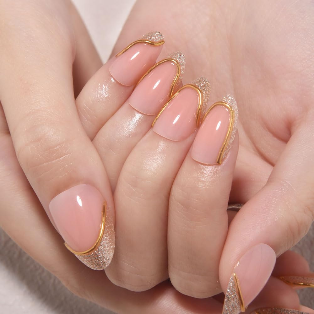 White French Tips Press on Nails, Irregular Gold 3D Lines with Flower & Pearl Design, Reusable Salon Quality Acrylic False Nails for Women, Glue On Nails with Adhesive Tabs for Daily Wear