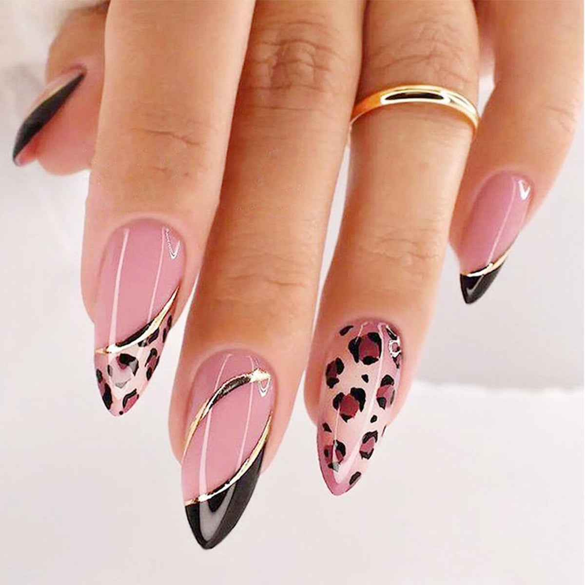 Press On Nails Almond Fake Nails French Tip False Nails Press ons Medium Glue on Nails with Chrome Design for Women Stick on Nail 24Pcs