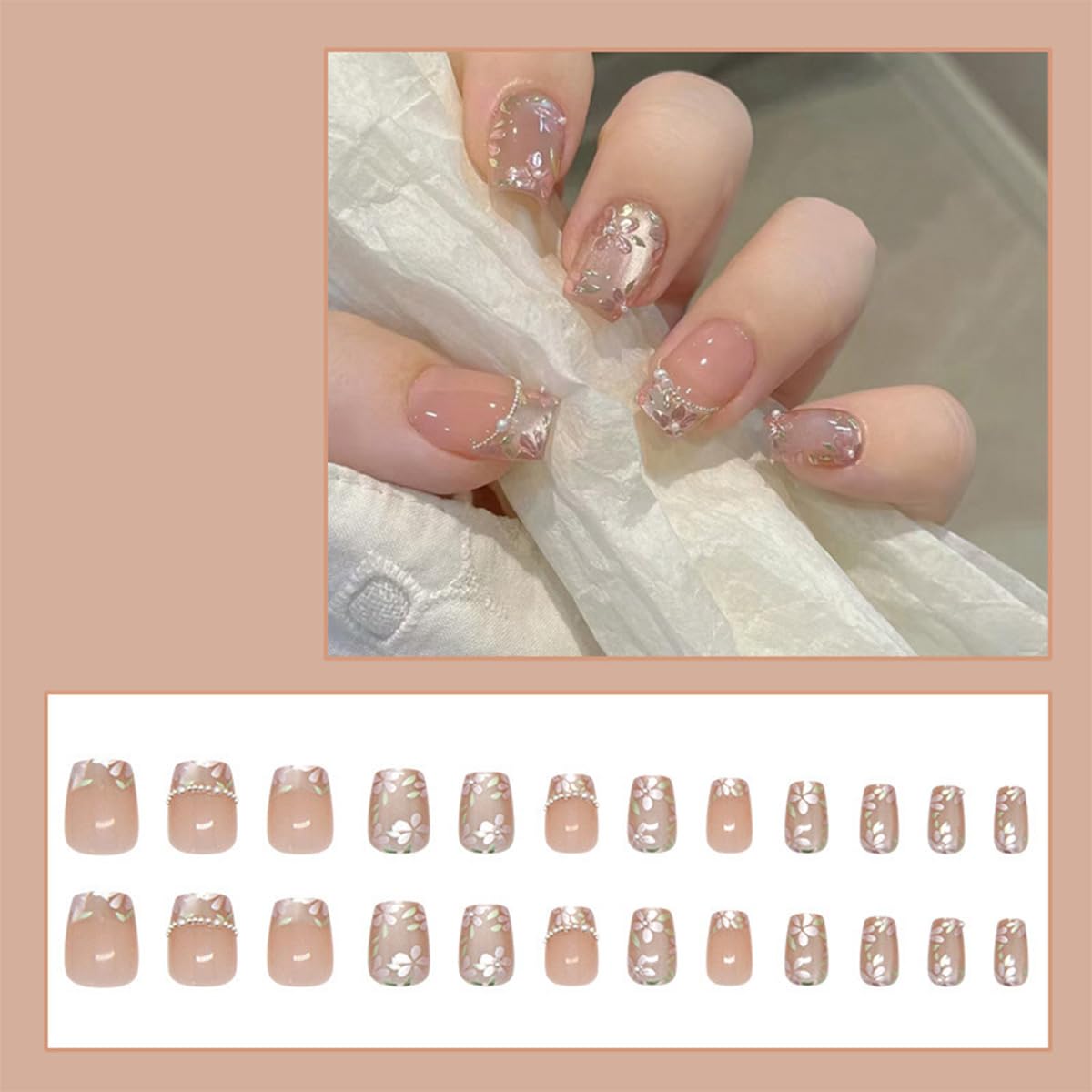 Cat Eye Press On Nails Short Square 3D Floral Pearl Wedding Nails 24PCS