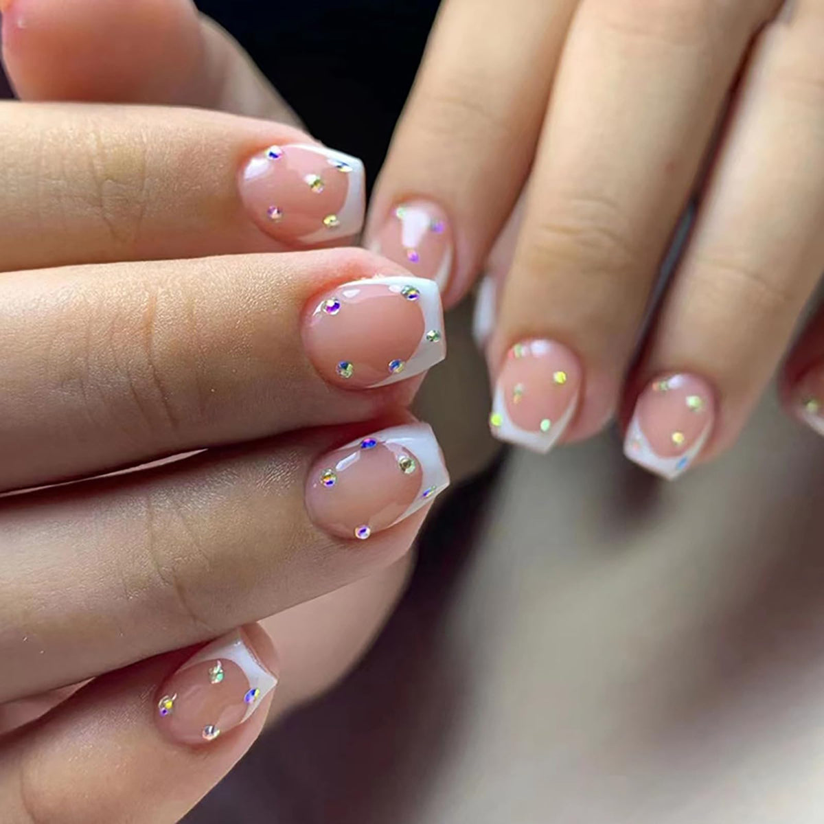 French Tip Press on Nails Glitter Petite Short Square Fake Nails Pink Nude Glossy Design Sparkly False Nails Glue on Nails with Full Cover Acrylic Stick for Women Girls Nail Decorations 24Pcs