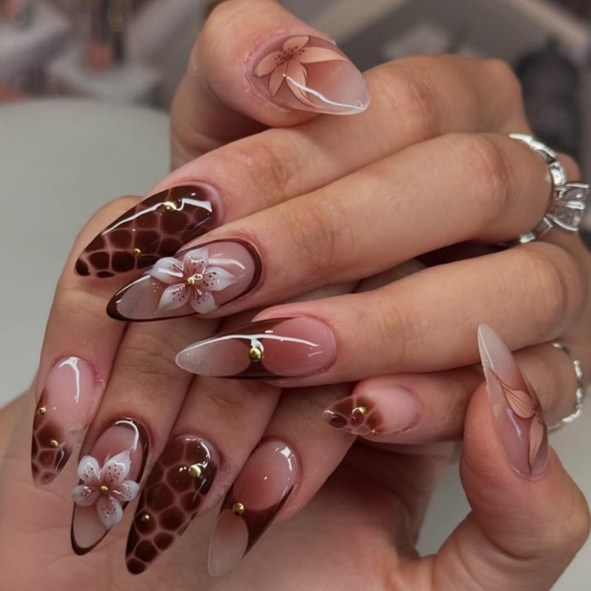 Almond Press on Nails Medium - Fall Fake Nails with Gold Line Design - White Full Cover Stick on False Nails - for Women 24 Pcs