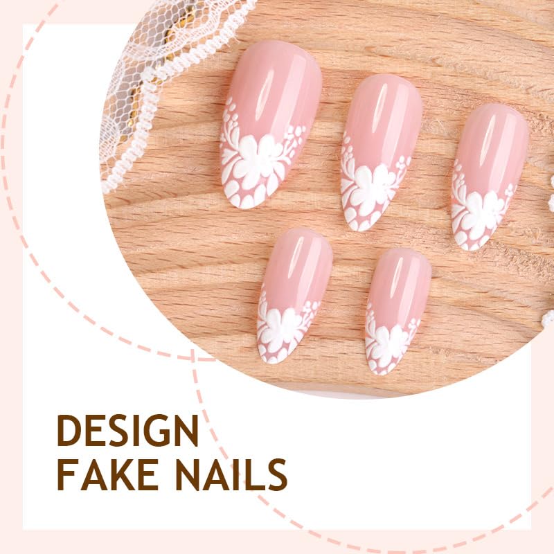White Flower Press on Nails French Tip Fake Nails Medium Almond False Nails Glossy Artificial Stick on Nails Full Cover Acrylic Nails for Women Manicure 24Pcs