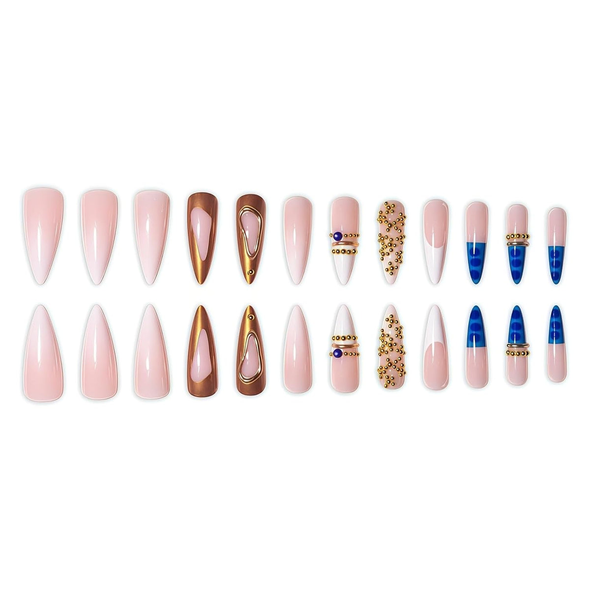 3D Gold Press on Nails Long Stiletto Fake Nails Glossy Nude Blue Full Cover