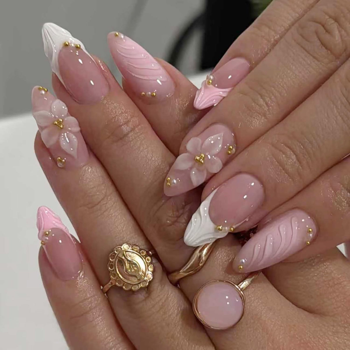 24Pcs White French Tip Press on Nails Medium Almond Fake Nails with Silver Rhinestones with Nude Pink Full Cover Glue on Nails French Designs 3D Flower False Nails Cute Spring Stick on Nails for Women