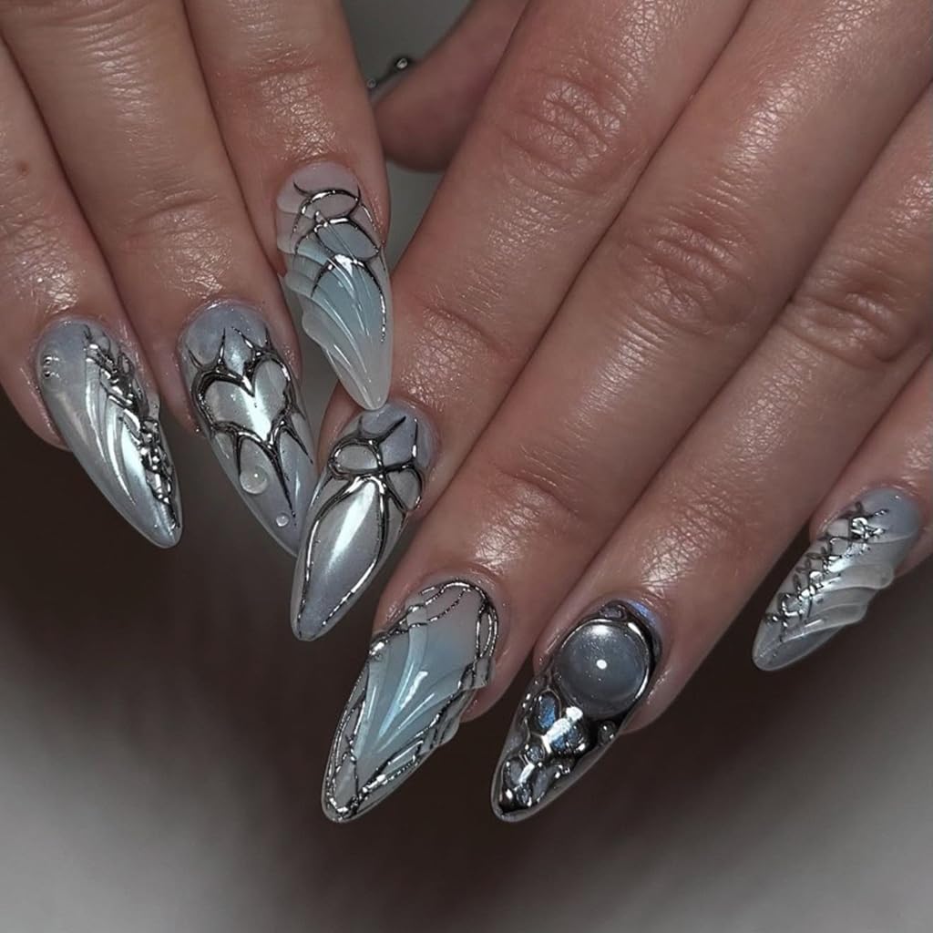 Almond Press on Nails Medium - Fall Fake Nails with Gold Line Design - White Full Cover Stick on False Nails - for Women 24 Pcs