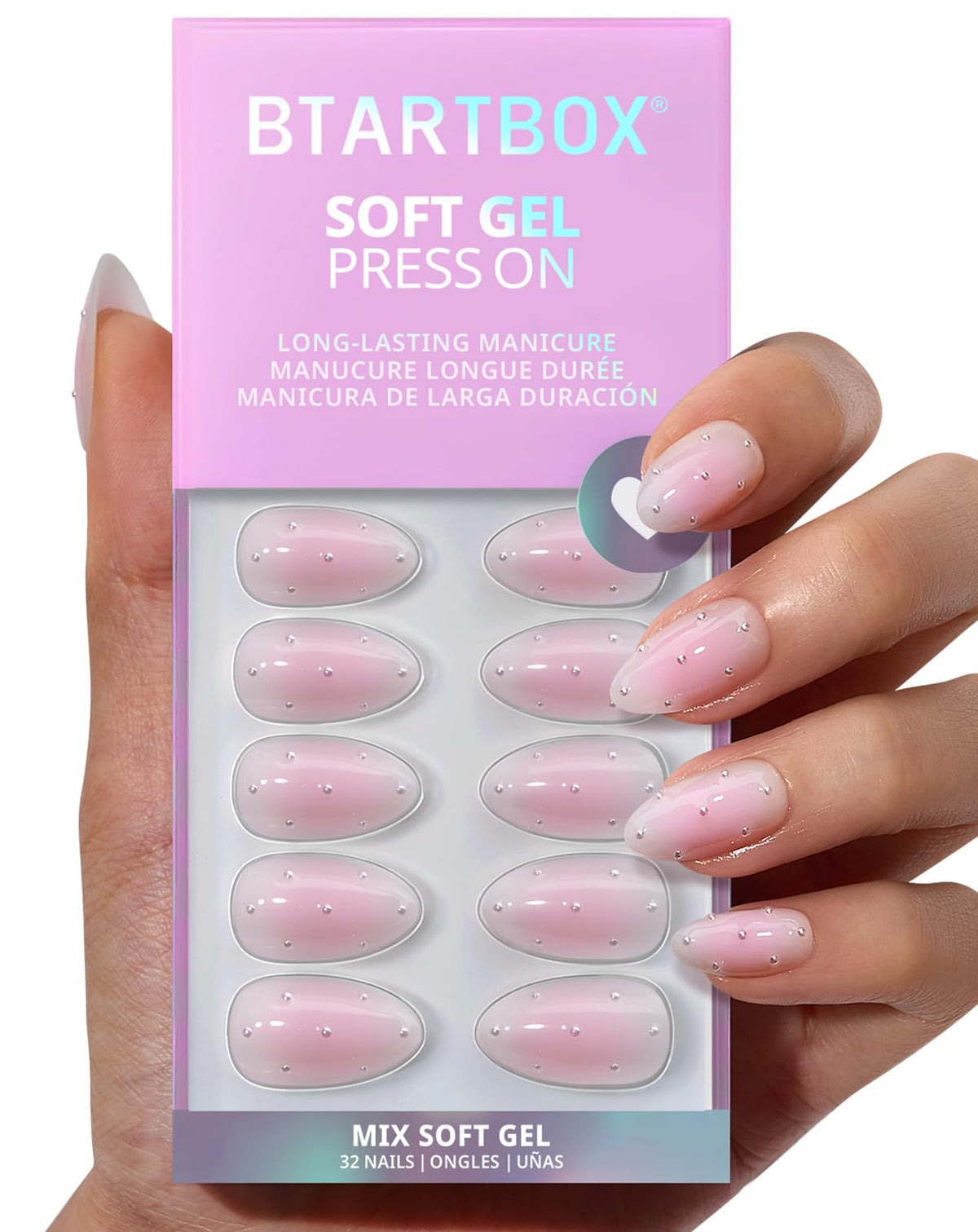 BTArtbox Press On Nails, Extra Short Almond Baby Pink Nails, 32Pcs Full Kit