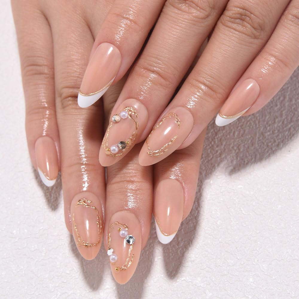 White French Tips Press on Nails, Irregular Gold 3D Lines with Flower & Pearl Design, Reusable Salon Quality Acrylic False Nails for Women, Glue On Nails with Adhesive Tabs for Daily Wear