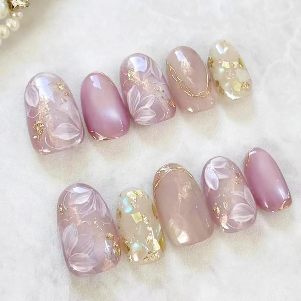 24Pcs White French Tip Press on Nails Medium Almond Fake Nails with Silver Rhinestones with Nude Pink Full Cover Glue on Nails French Designs 3D Flower False Nails Cute Spring Stick on Nails for Women