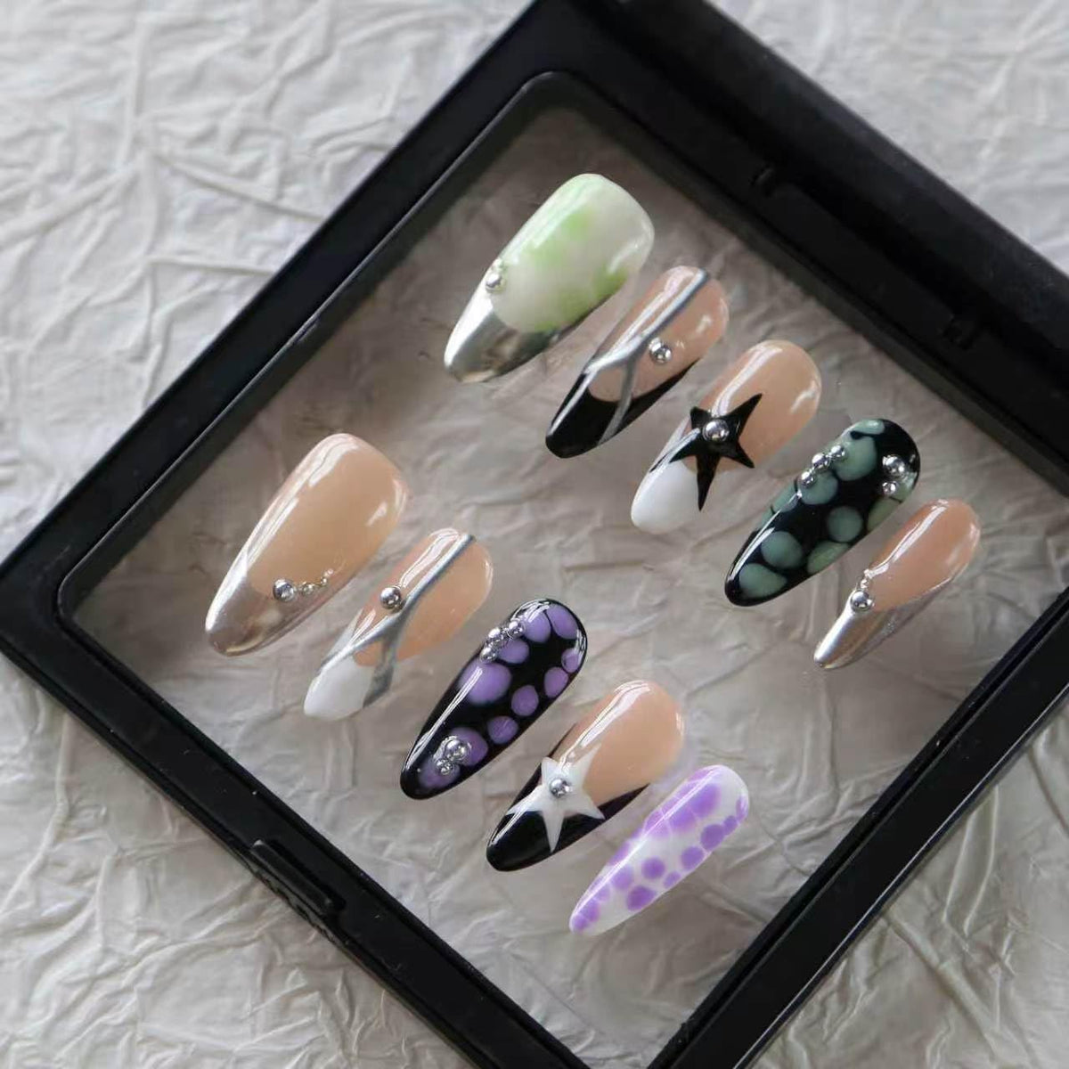 Press on Nails, Handmade Medium Almond Fake Nails, 3D Art False Fingernails with Design Full Cover Fake Nail, Glossy Acrylic Stick on Nails Artificial Nails for Women Manicure 10 Pcs (L)