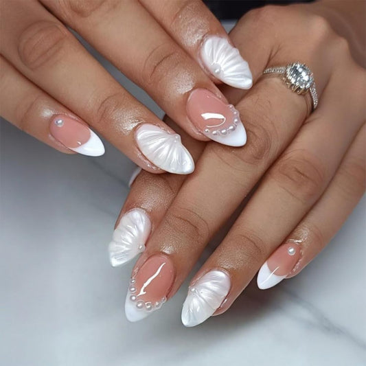 30Pcs Bridal White Press On Nails Almond Medium, French Tip Nails Press Ons, Nude Pink Fake Nails With 3D Shell Pearl Designs, Elegant Wedding Glue On Nails For Women Nail Art, Reusable Acrylic