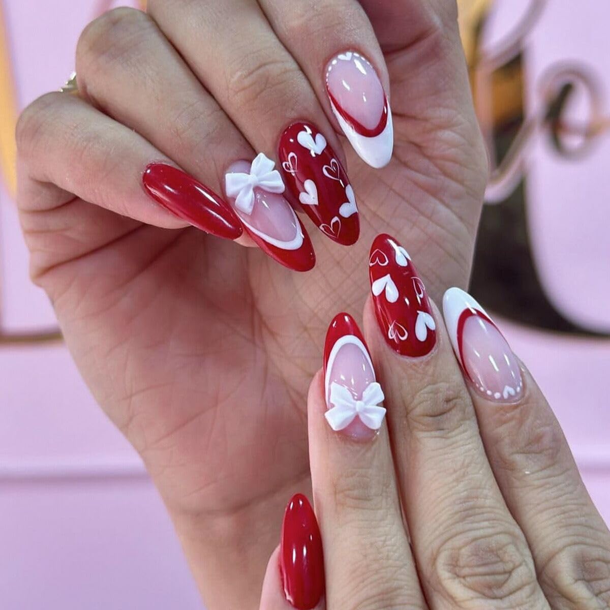 Almond Press on Nails Medium - Fall Fake Nails with Gold Line Design - White Full Cover Stick on False Nails - for Women 24 Pcs