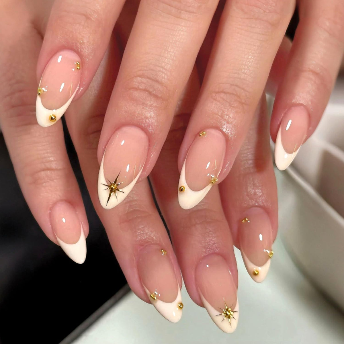 Black French Tip Press On Nails Almond Stiletto, Nude Glossy Fake Nails