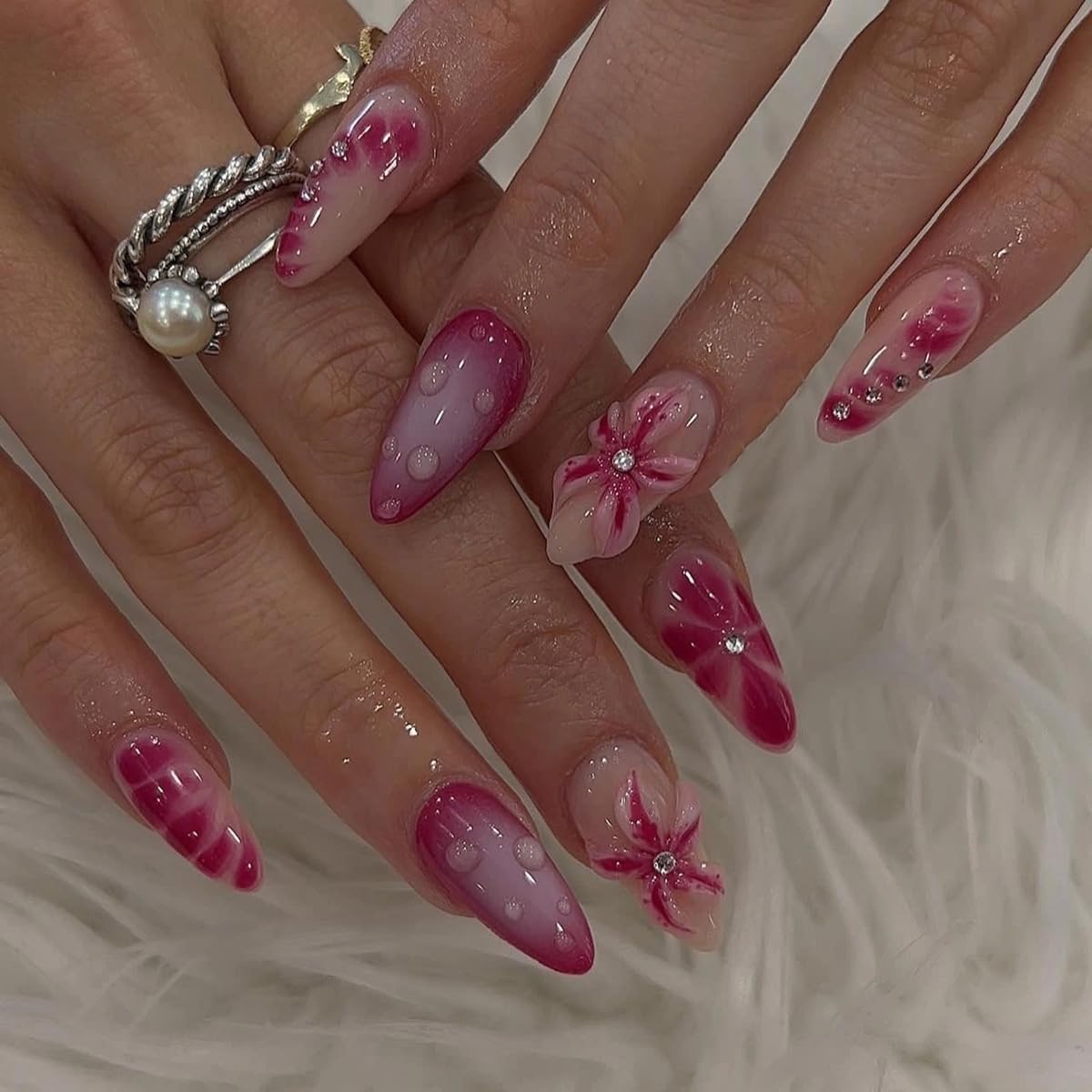 Almond Press on Nails Medium - Fall Fake Nails with Gold Line Design - White Full Cover Stick on False Nails - for Women 24 Pcs
