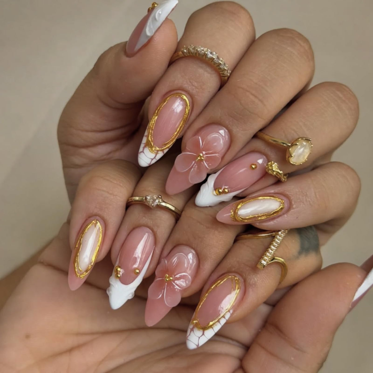 24Pcs Handmade Press on Almond Nails Nude Pink White Gold Flower Fake Nails Pearl False Nails Elegant Summer Nails Glue on Luxurious for Girl Women Stick on Nails Bridal Wedding Formal Events Life