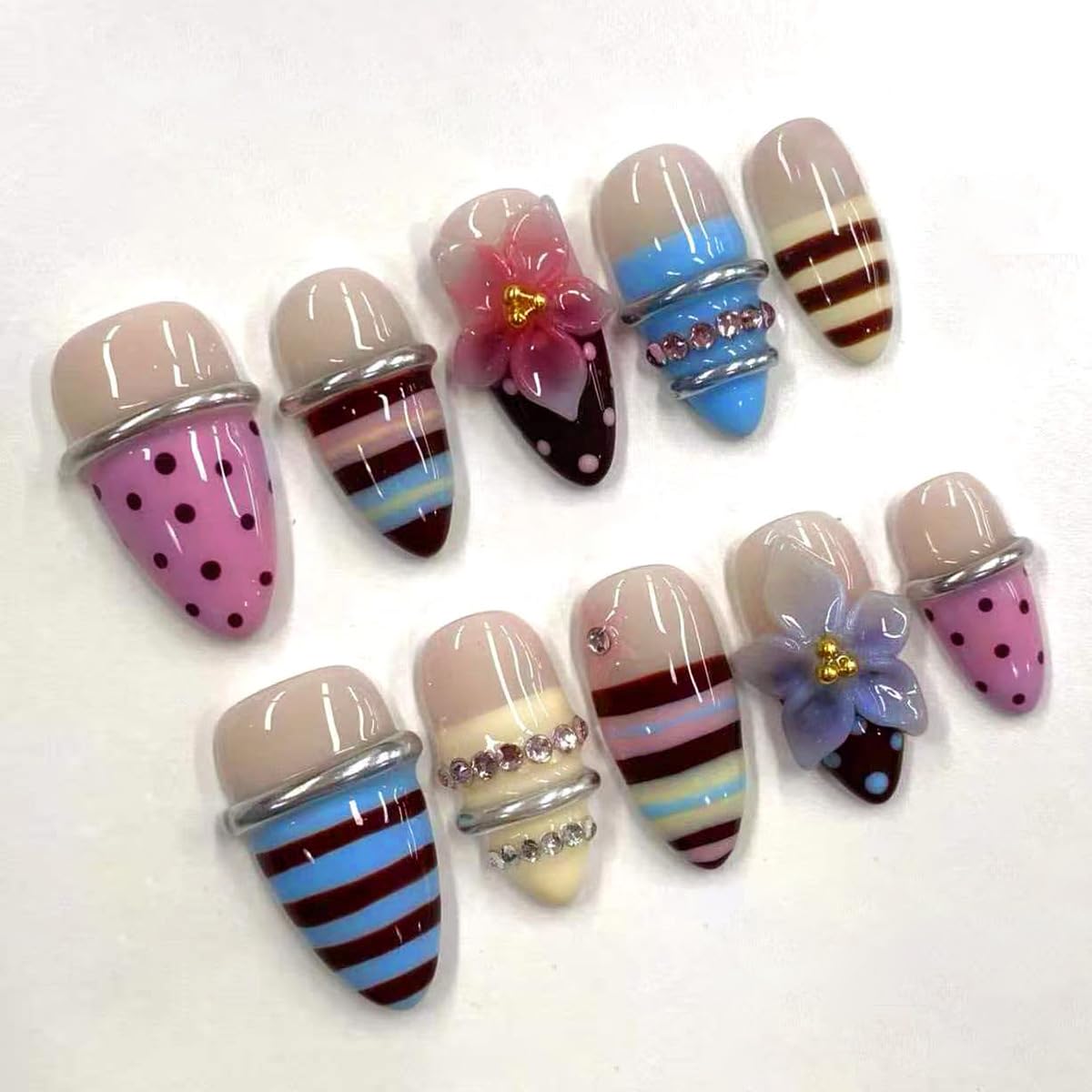 Medium Almond Press on Nails - White French Tip with 3D Flower Rhinestones
