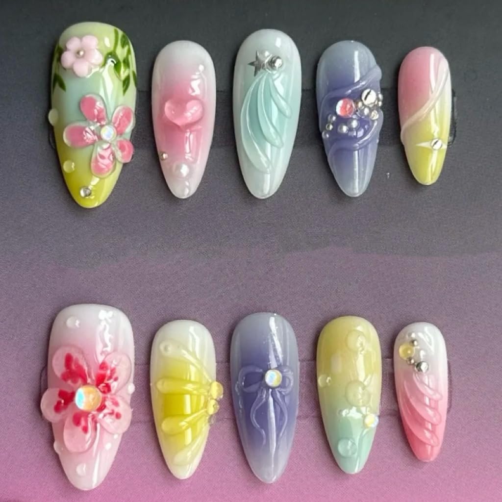 Green Press on Nails Medium Almond Fake Nails with 3D Pearl Rhinestones Designs Gold French Tips Flower Acrylic Nails False Nails White Floral Full Cover Glossy Stick on Nails for Women 24Pcs
