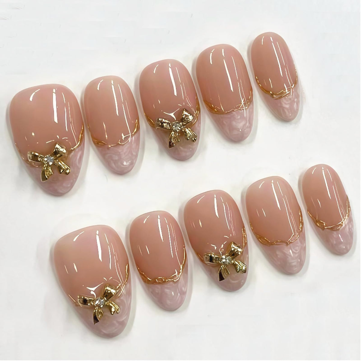30Pcs Long Stiletto Press On Nails Gold Chrome Fake Nails with 3D Rhinestone Design Amber Gilding Nude Full Cover Acrylic Nails French Tip Glue On Nails Metal False Nails Luxury Manicure Set for Women