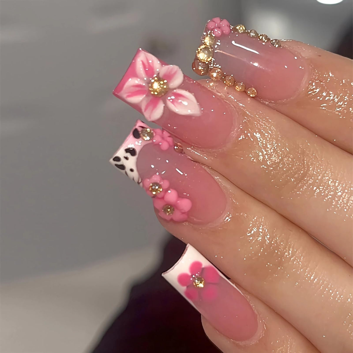 BABALAL Press on False Nails Long Square Fake Nails Black and Gold Chrome Gothic Glue on Cross Charm Luxury 3d Design French Tip Acrylic 24Pcs Y2k Handmade Custom Full Cover Gel Nails