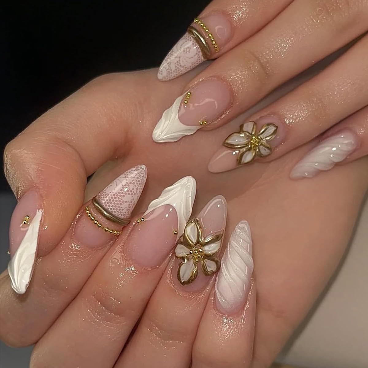 Medium Almond Press on Nails - White French Tip with 3D Flower Rhinestones