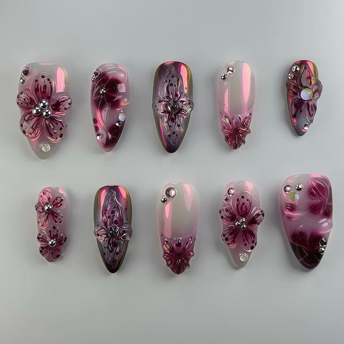 30Pcs Gold Star Moon Press on Nails Long Stiletto French Tip Fake Nails Press on 3D Chrome Gold Design Sun False Nails Irregular Gilded Lines Full Cover Purple Glossy Artificial Acrylic Nail for Women