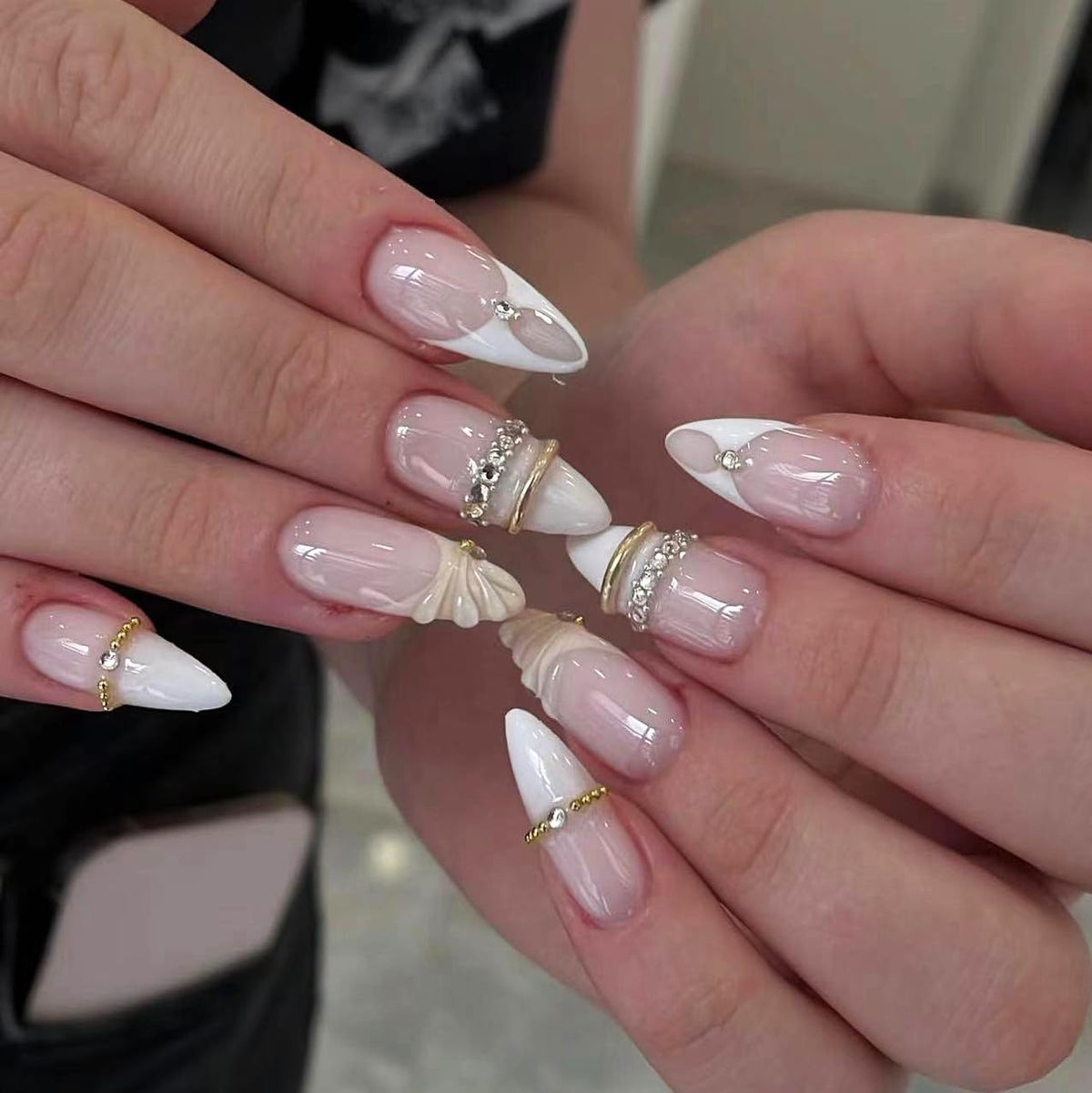 BABALAL Press On Nails - Medium Almond Fake Nails, Pink White Gradient, Rhinestone Gold Bangle, Glossy Coquette Wedding Bridal Glue On Nails 24Pcs