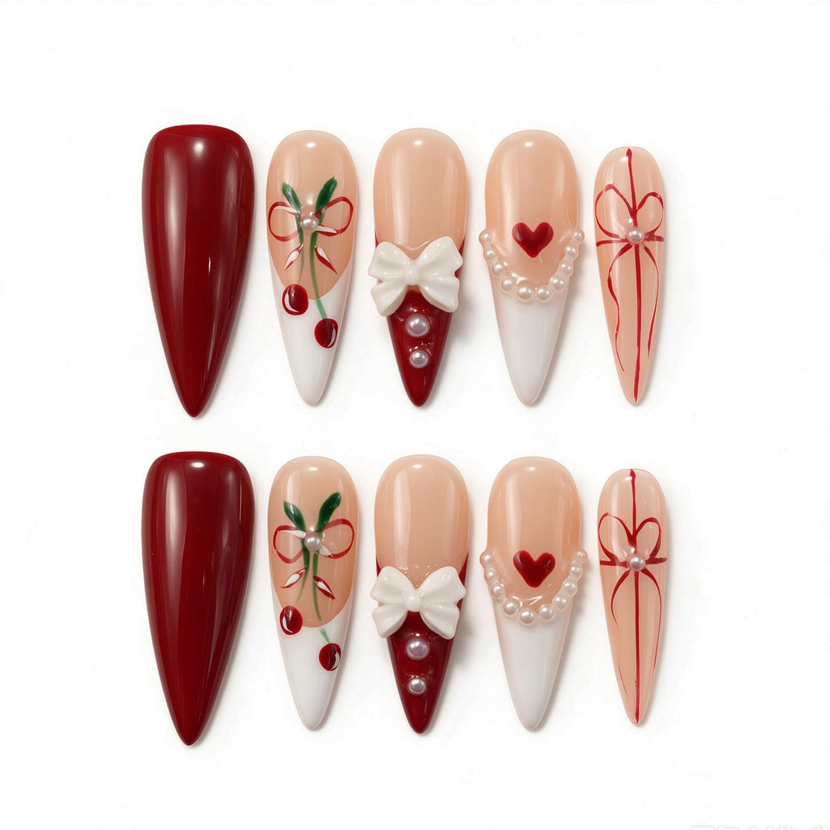 Handmade Press On Nails – Short Almond False Nails for Women, Reusable Acrylic White French Tip with Pearl & 3D Flowers Design – Salon Quality Fake Nails (10PCS Size S)