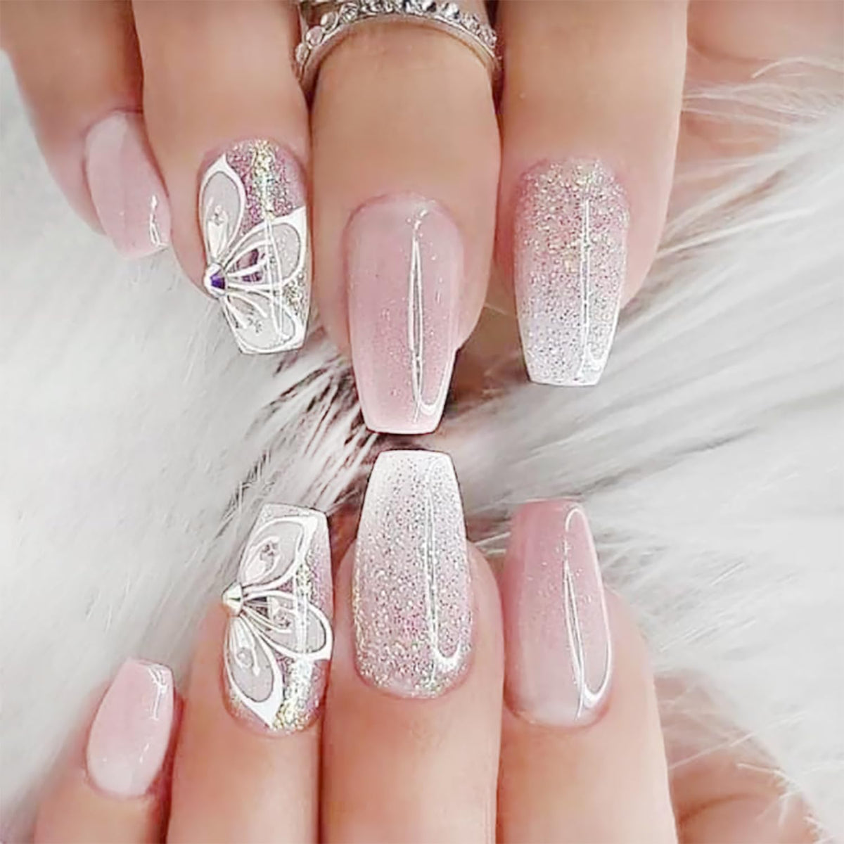 24pcs Short Square Press on Nails French Tip Fake Nails White Flower with Star Design Glitter False Nails Luxury Nail Charms Crafts White Stripes Glue on Nails for Women Manicure Tips