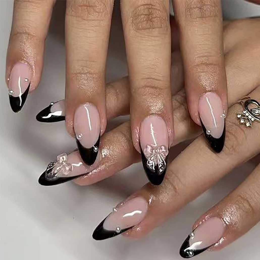 Foccna Press on Nails French Medium, Pearl White Fake Nails Almond Acrylic False Nails,Artificial Glue on Nails for Women 24pcs