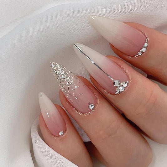 Ombre White Almond Press on Nails Short Medium Pink Fake Nails with Rhinestone Bling Designs Glitter Manicure Fake Nails False Nails for Wedding Fantasy Acrylic stick on nail for Women