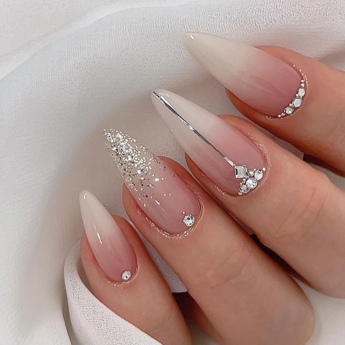 Ombre White Almond Press on Nails Short Medium Pink Fake Nails with Rhinestone Bling Designs Glitter Manicure Fake Nails False Nails for Wedding Fantasy Acrylic stick on nail for Women