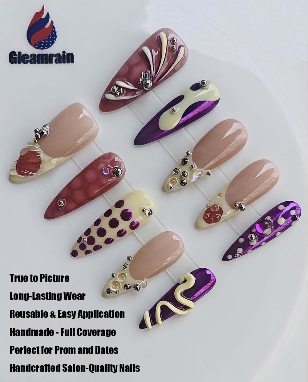 Handmade Press on Acrylic Nails, Almond Long Press Ons with Purple & Nude 3D Swirl Design, Rhinestone & Polka Dot Accents, Stiletto Glue on False Nails Y2K M Size -Gleamrain Design 801