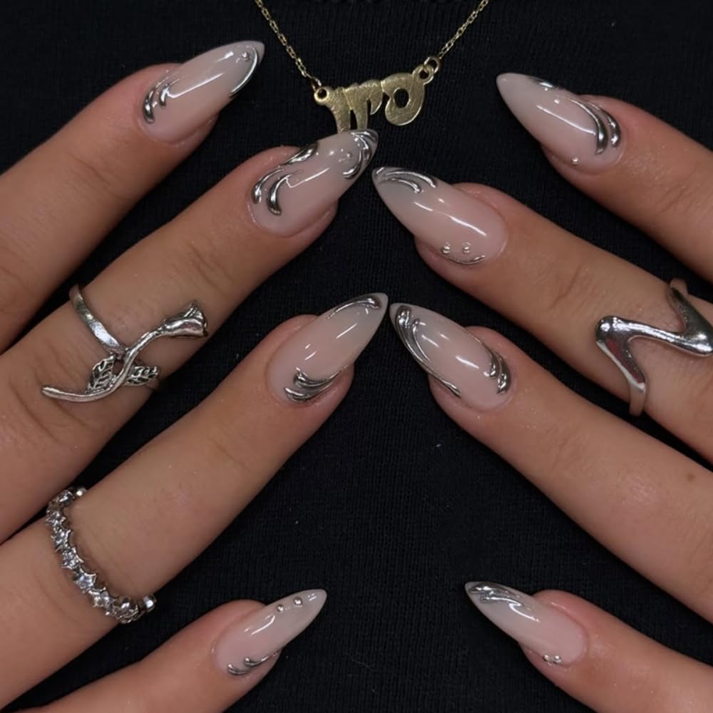 Almond Press on Nails Medium Fake Nails with 5D Metal Lines Charm Design Glossy Pink Nails Press on Curve Glue on Nails Reusable Luxury Silver Beads Acrylic Nail for Women 24Pcs