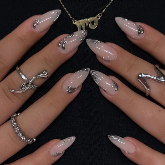 Almond Press on Nails Medium Fake Nails with 5D Metal Lines Charm Design Glossy Pink Nails Press on Curve Glue on Nails Reusable Luxury Silver Beads Acrylic Nail for Women 24Pcs
