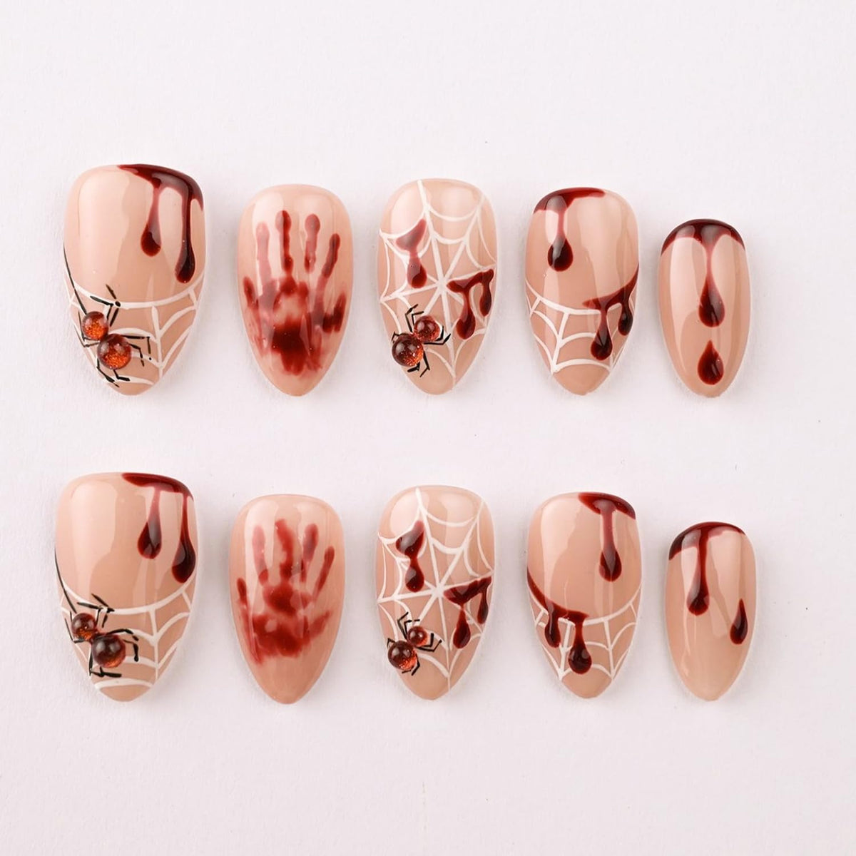 Almond Press on Nails White Flower with Gold Rhinestone Wedding Fake Nails