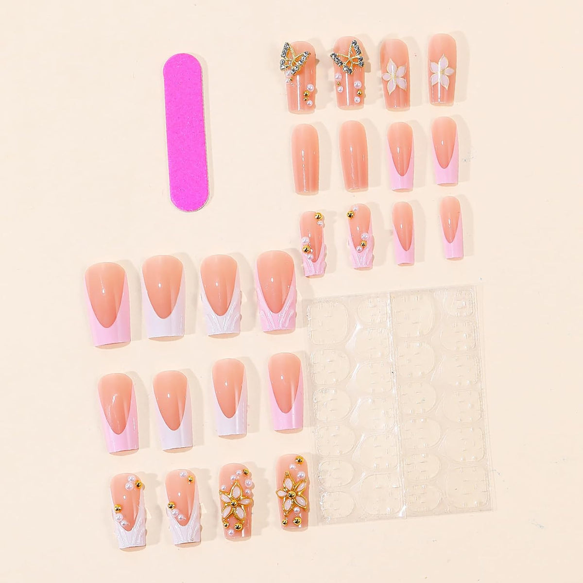 24Pcs Long Square Nude Pink White Nails Press ons Pearl Gold Flower Fake Nails Elegant False Nails Bridal Nails Glue on Luxurious Stick on Nails Casual Work for Girl Women Wedding Formal Occasions