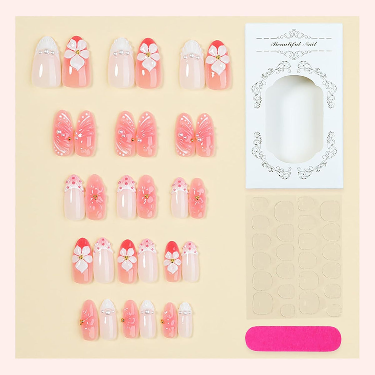 Summer Press on Nails Almond Pink Floral Shell Pearl Gold Dot Fake Women