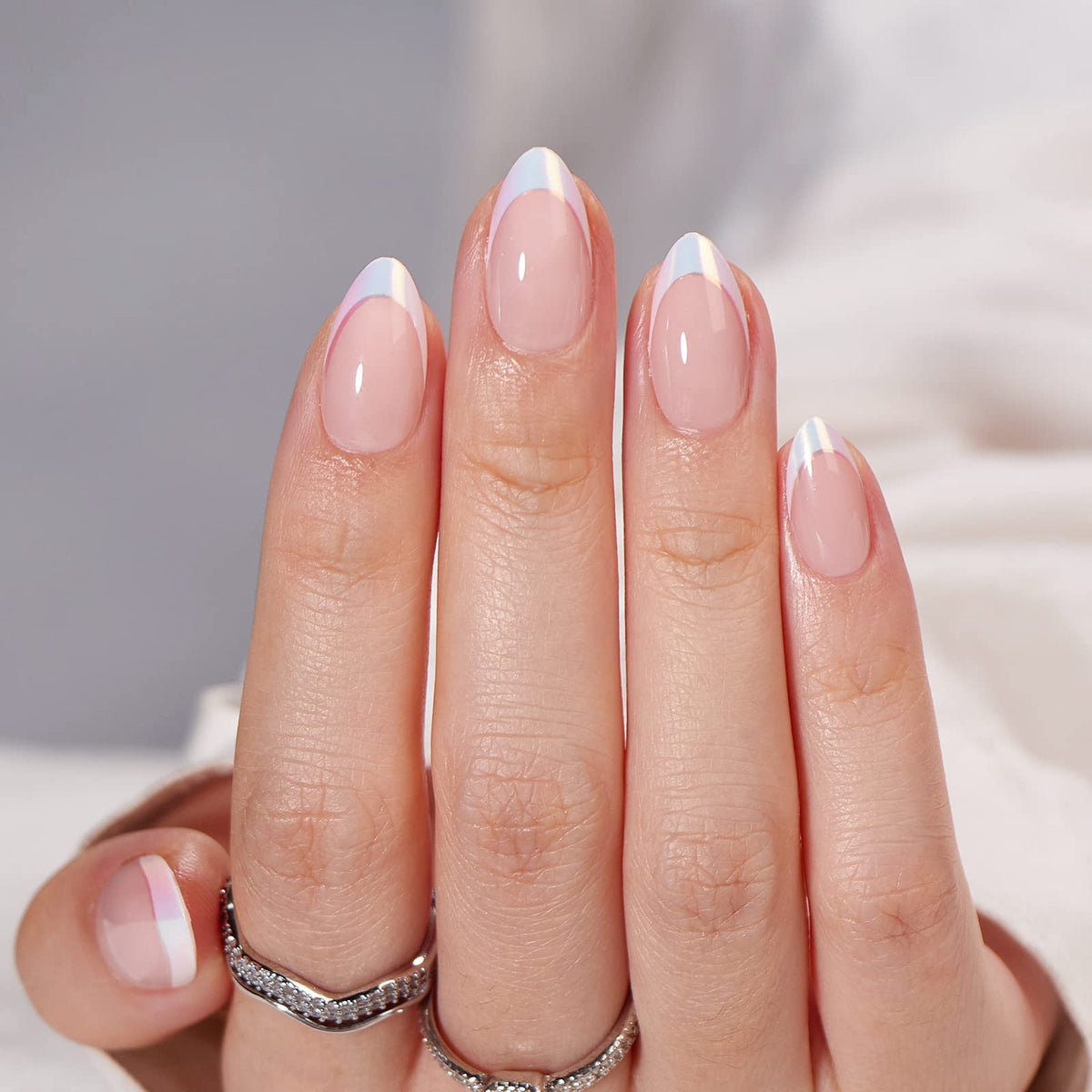 BTArtbox Press On Nails, Short Almond French Tip Nails, 32 Pcs Full Kit