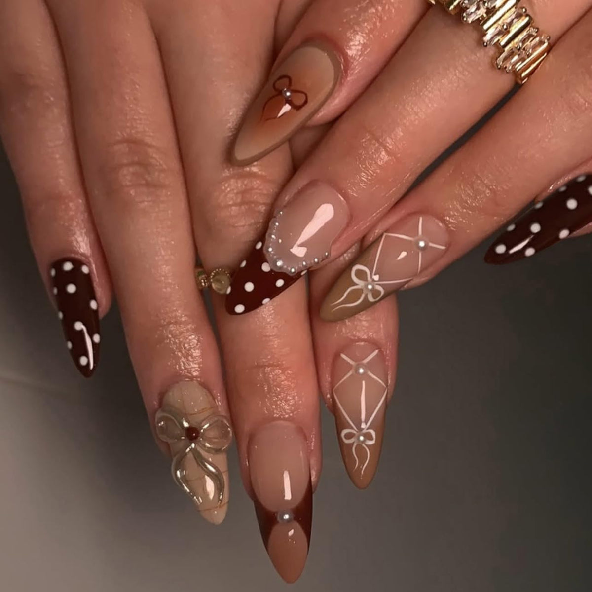 Almond Press on Nails Medium - Fall Fake Nails with Gold Line Design - White Full Cover Stick on False Nails - for Women 24 Pcs