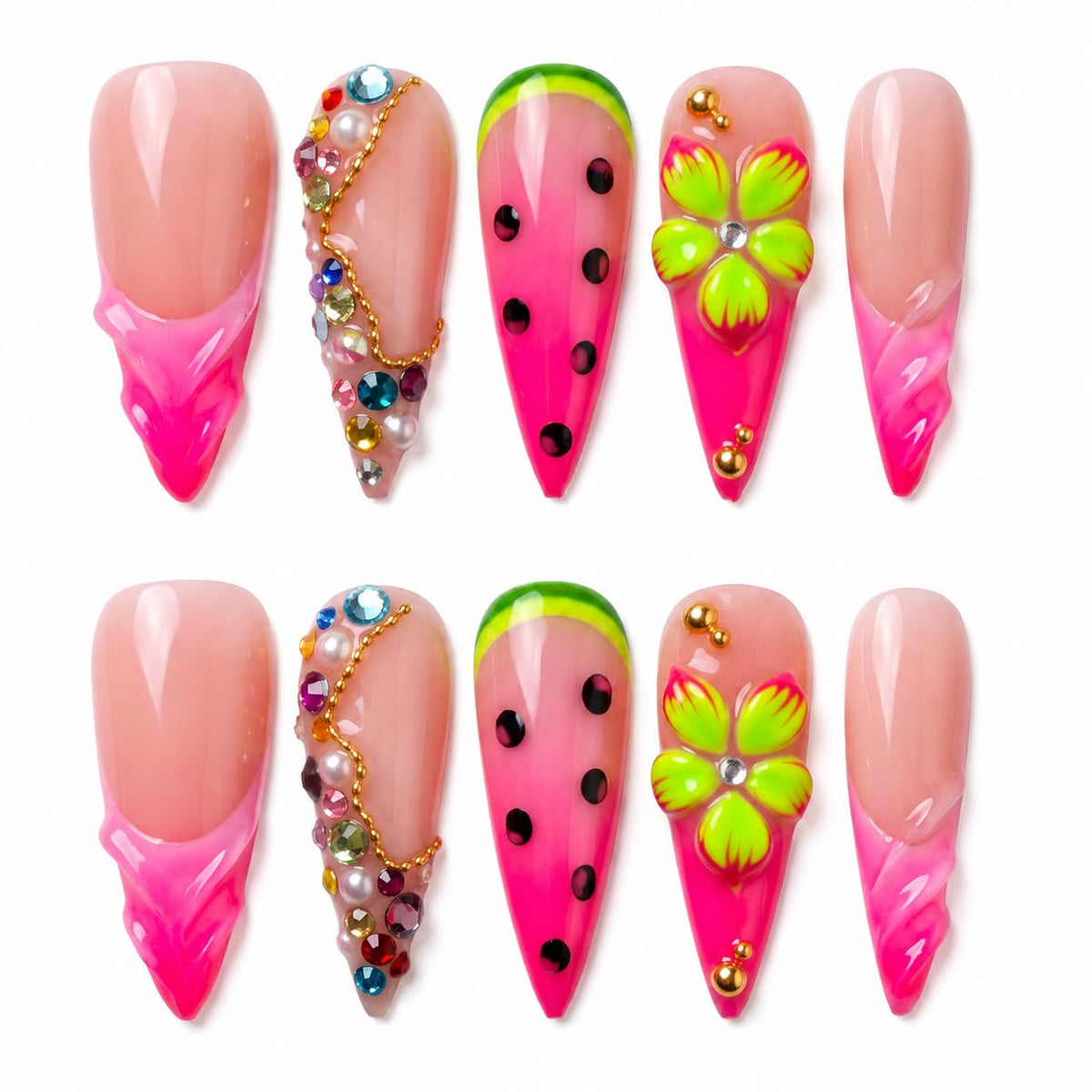 Luxury Handmade Acrylic Press on Nails Long Stiletto French Tips Fake Nails