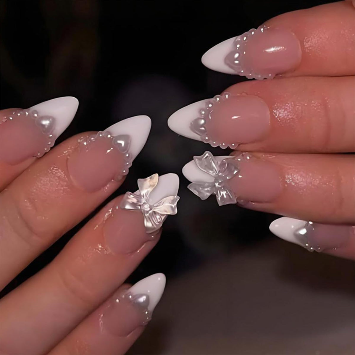 24Pcs White French Tip Press on Nails Medium Almond Fake Nails with Heart Pearl Design French Tip False Nails Cute 3D Bow Gems Stick on Nail Full Cover Reusable Glue on Nails for Women Wedding Daily