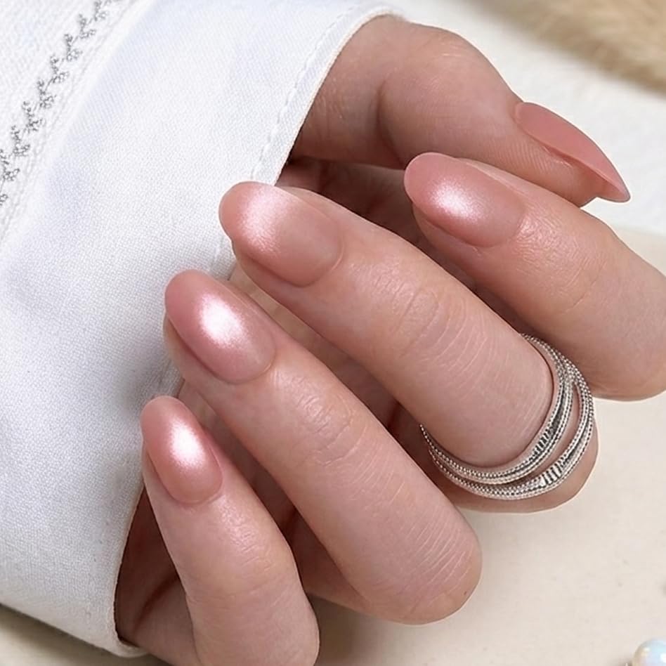 CurvLife Short Oval Chrome Nude Press On Nails, Champagne Pearl, Soft Gel