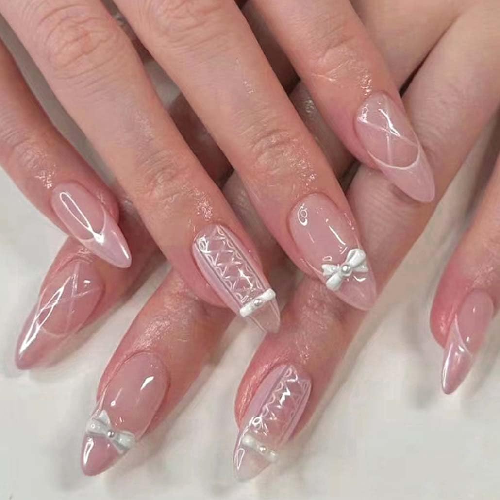 Foccna Press on Nails French Medium, Pearl White Fake Nails Almond Acrylic False Nails,Artificial Glue on Nails for Women 24pcs