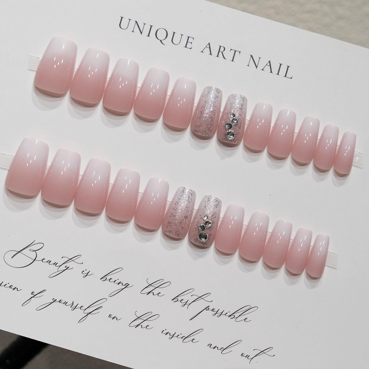 24Pcs Pink to White Ombre Press on Nails – Medium Square Glossy Fake Nails with 3D Crystal Glitter Accents – Reusable Full Set for Wedding