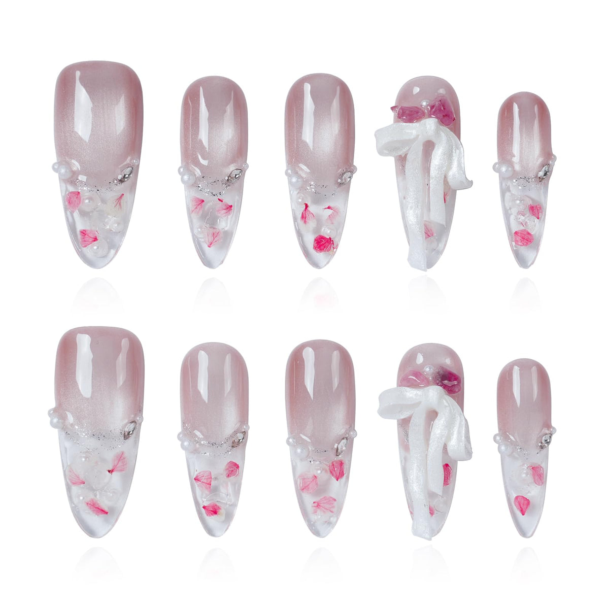 Gothic 3D Floral Press on Nails Medium Almond - Gold Cross & Rhinestone Design, Handmade Pearl Luxury Dark Romantic Reusable Nails (Orange Diamond Sweet Luxury,L)