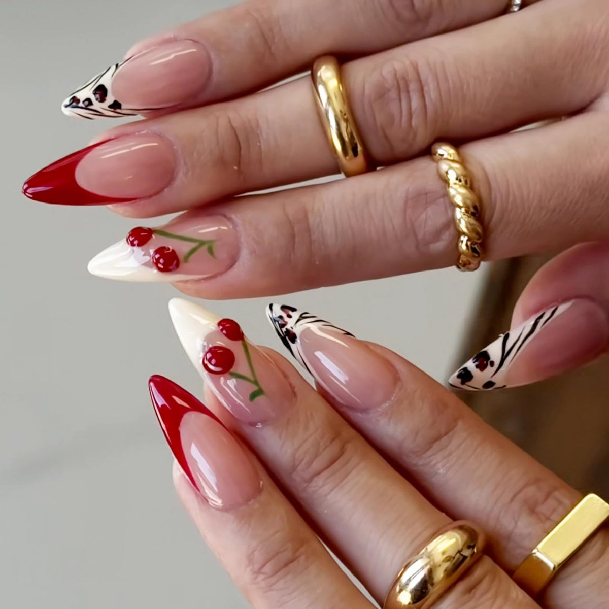MERVF Medium Almond Press on Nails - White Ombre French Tip Fake Acrylic Nails, Rhinestones Gold Rings Design Wedding Glossy Finish 24pcs