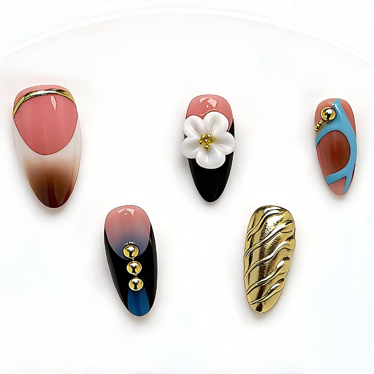 Handmade Almond Press on Nails, Abstract 3D Floral Gold, 10Pcs