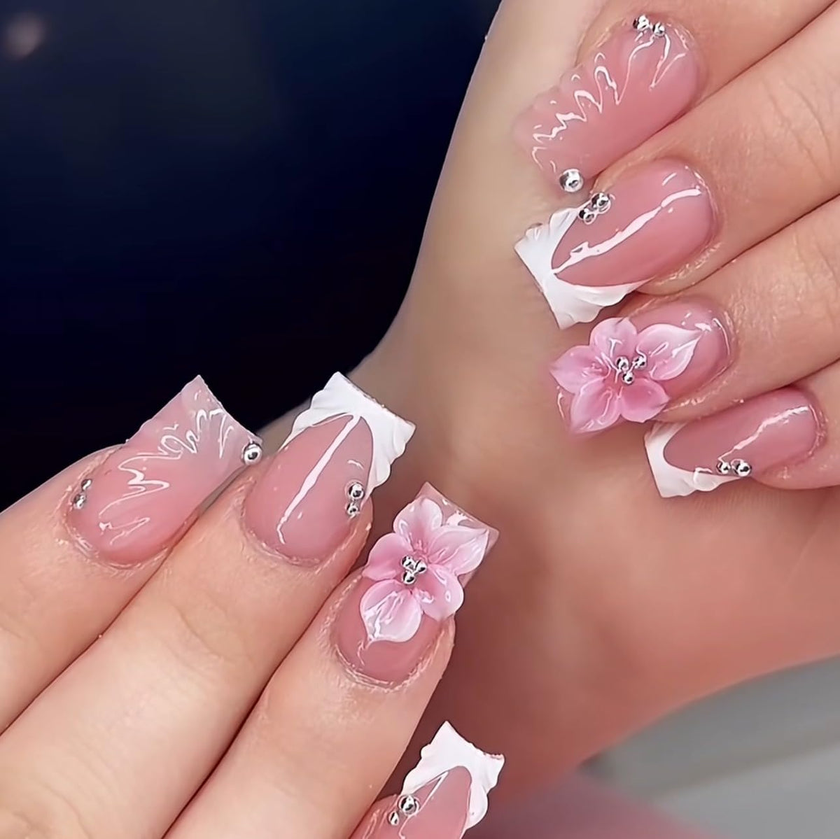 Short Square Press on Nails French Tip | Acrylic White Flower False Nails with Gold Rhinestones Design, Glossy Press Ons Stick on Glue on Nails for Women 24Pcs