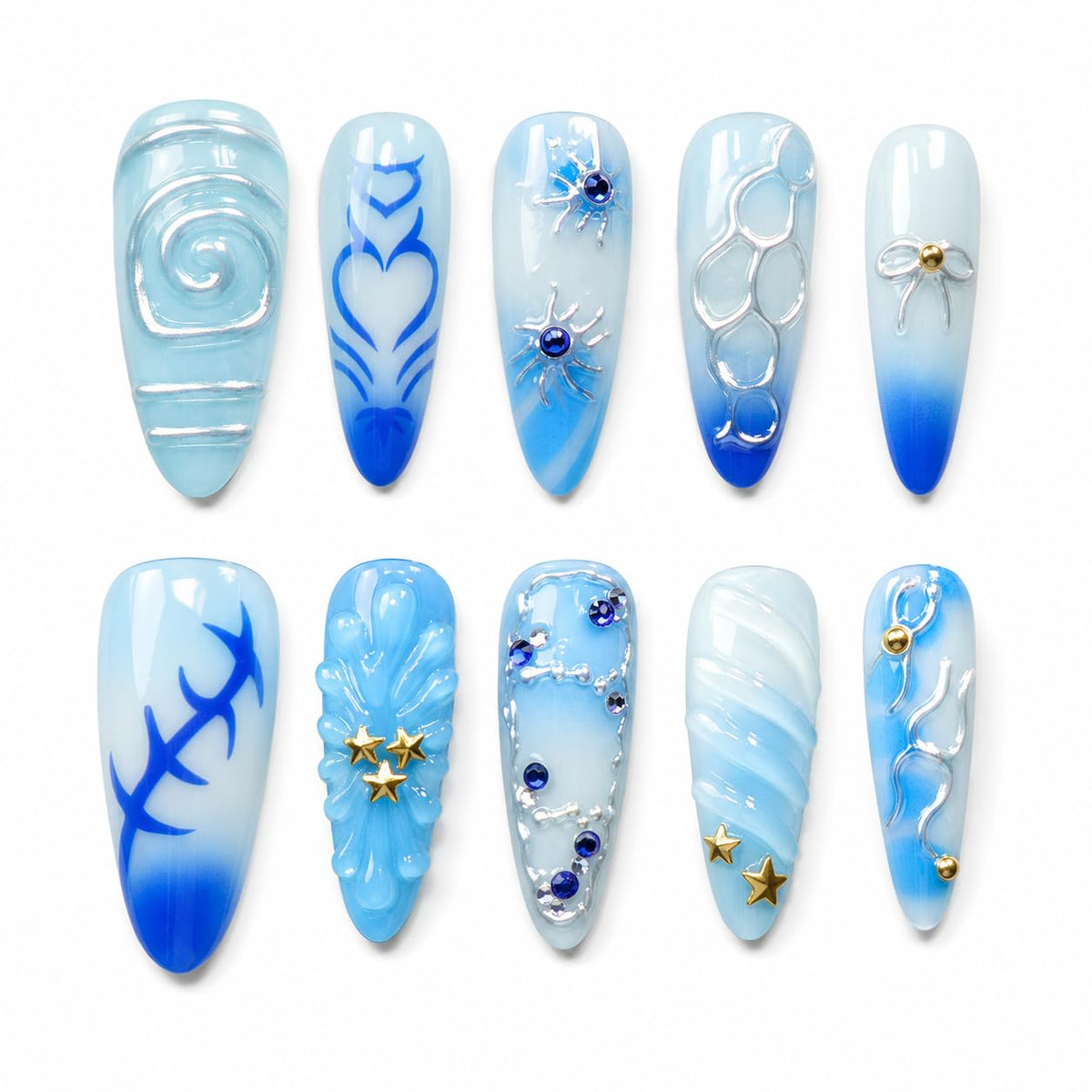 10pcs 3D Metallic Press on Nails Long Almond Handmade, Luxury Ornate Textured False Nails with Gold Silver Chrome Designs, Punk Style Studded Glue on Nails for Women, Gothic Avant-Garde Acrylic Nails