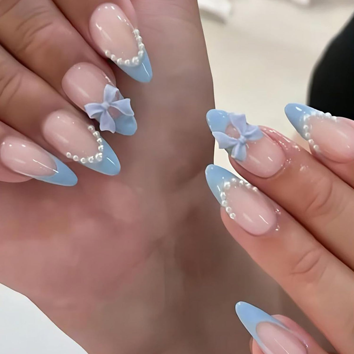 24Pcs White French Tip Press on Nails Medium Almond Fake Nails with Silver Rhinestones with Nude Pink Full Cover Glue on Nails French Designs 3D Flower False Nails Cute Spring Stick on Nails for Women