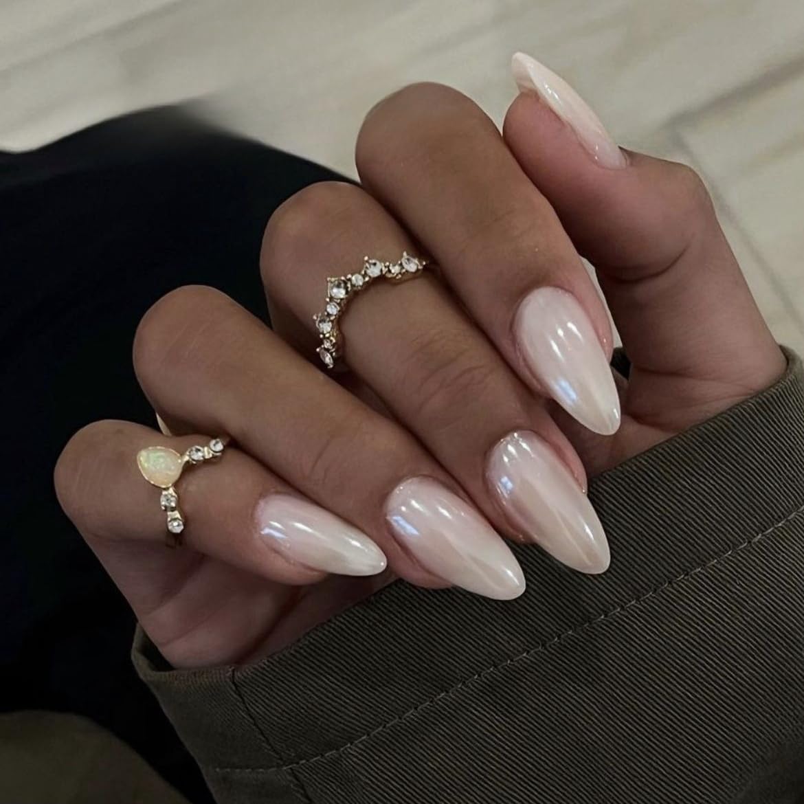White French Tip Press On Nails Almond - KQueenest Chrome Press On Nails Medium, Glazed Natural Light Nude Fake Nails Press on, Reusable Glue on Nails Stick On Nail for Women Bridal Wedding